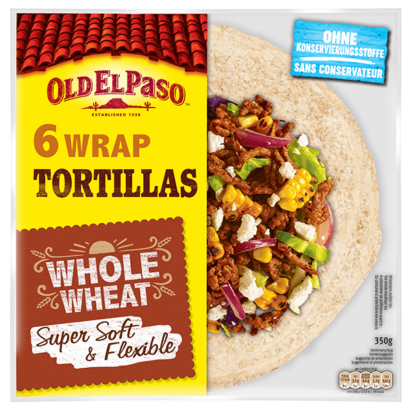 eine Packung Old El Paso 6 Wraps Vollkorntortilla, 350g