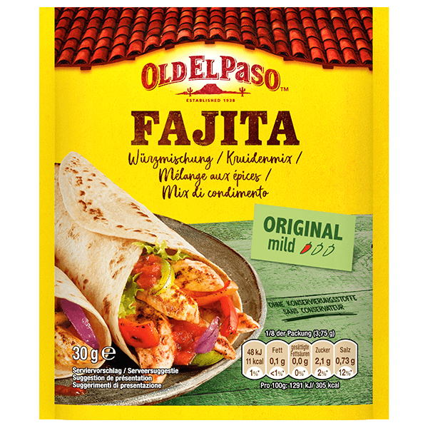 eine Packung Old El Paso Fajita-Gewürzmischung mild, 30g